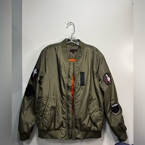 Men's Olive Bomber Jacket with Patches